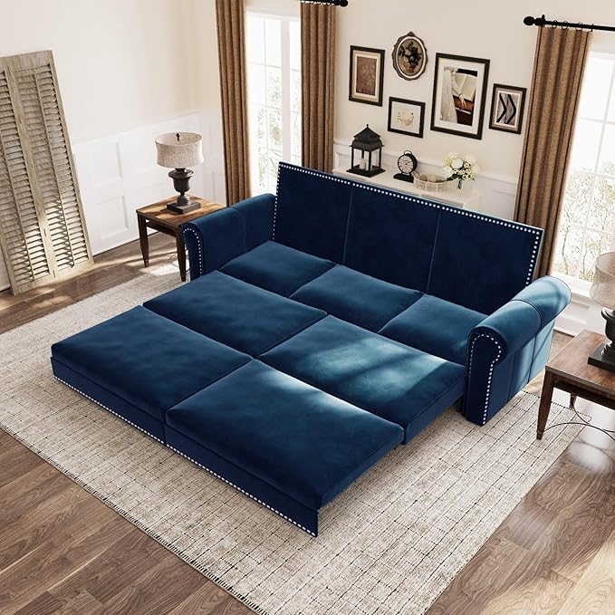 93.7 King Size Chesterfield 3-seat Pull Out Sofa Bed Velvet Couch Bed with Nailhead Trim and Rolled Arm 3-in-1 Sleeper Sofa for Living Room Apartment Office Blue