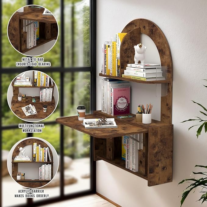 Wall Mounted Drop-Leaf Table Floating Laptop Desk Folding Table with Shelves Multifunctional Computer Workstation Storage Compartments in Home Office for Space Saving (Rustic Brown)