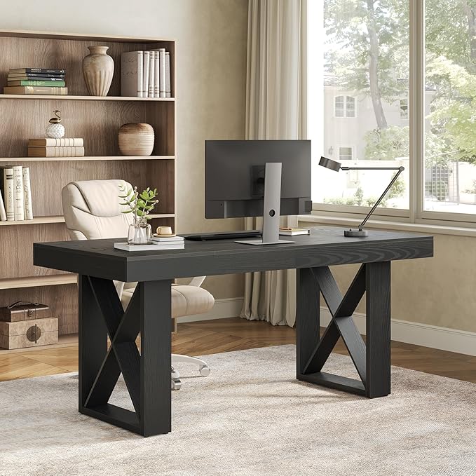 LITTLE TREE 63-Inch Long Computer Desk Simple Wood Thick Appearance Design Study Writing Gaming Work Executive Desk for Home Office Black