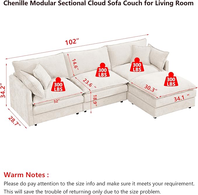 102 L-Shaped Sofa for Living RoomModular Sectional Cloud Sofa Couch with OttomanModern Chenille 3 Seater Sofas with Deep SeatSmall L Shaped Couches for Bedroom (Beige 102)