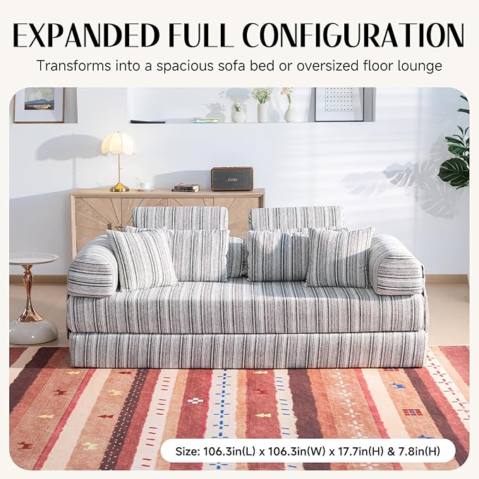 79 Corduroy Sofa Bed Sleeper Couch 6-in-1 Convertible Boneless Floor Futon Loveseat High-Density Foam Couch in a Box with 2 Headrest Pillows No Assembly Green and White