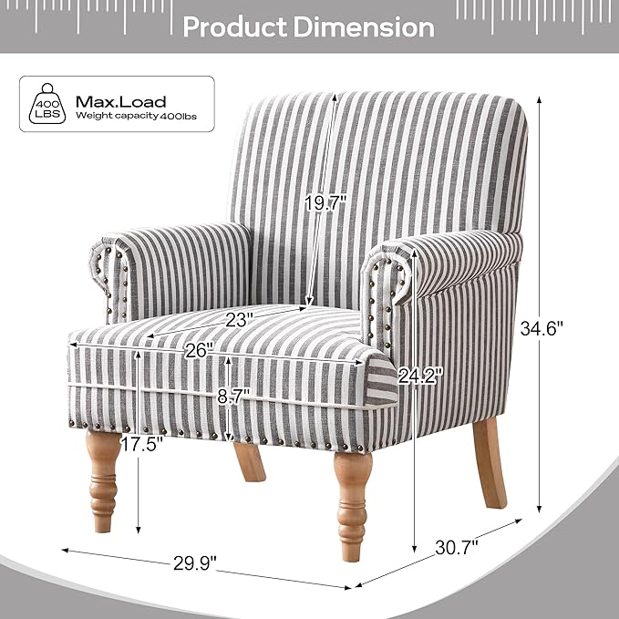 HUIMO Linen Fabric Accent Chair Mid-Century Modern Upholstered Armchair with Solid Wood Legs Comfy Reading Club Chair for Living Room Bedroom (2 Dark Grey and White Stripe)
