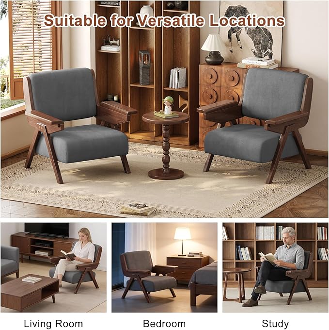 Mid Century Modern Accent Chair Fabric Upholstered Lounge Arm Chair with Solid Wood Frame for Living Room Bedroom Office Reading Corner (Gray Single Chair)