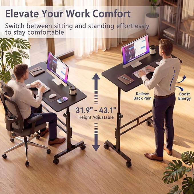 YESHOMY Standing Desk Adjustable Height 32 Inch Small Portable Rolling Desk with Wheels Cup Holder Tablet Upright Groove for Office Sofa Bedroom Black