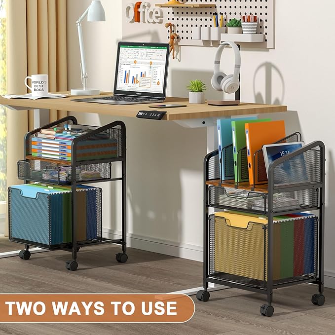 Rolling File Cabinet with Adjustable Dividers Mobile Filing Cabinet with 2 Storage Drawers on Lockable Wheels Hanging File Organizer Beside Under Desk for Office Home（Patent Pending）