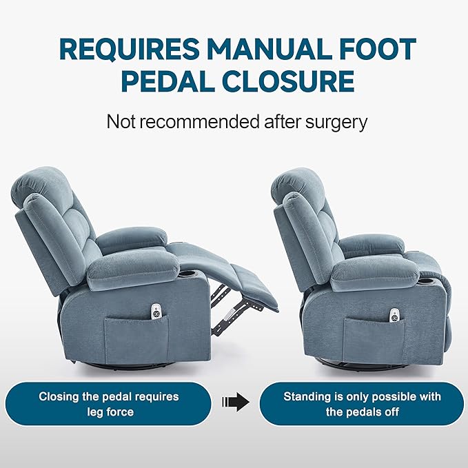Rocker Recliner Chair with Heat and Massage 360° Swivel Nursery Rocking Chairs for Adults Oversized Recliner Single Sofa Seat with Cup Holders Lazy Boy Recliner Single Sofa (Manual Blue)