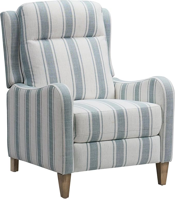 HULALA HOME Pushback Recliner Chair with Solid Wood Legs Fabric Striped Comfy Upholstered Seating with Footrest Armchair for Living Room/Reading Blue