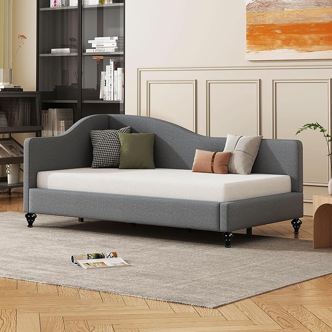Merax Twin Size Bed Frame Daybed L-Shaped Linen Corner Sofa with Solid Wood Legs for Living Room &amp Guest Room No Box Spring Needed Grey