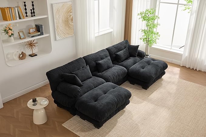 KEIKI 118 U-Shaped Oversized Pelletized Velvet Sectional Sofa with 2 Ottomans Free Combined 3-Seater Cloud Modular Couch with Bolster Armrest Pillow Easy Assembly for Apartment Living Room Black