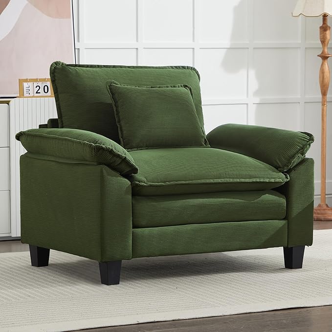 IPKIG Chenille Oversized Accent Chair - 53 W Cozy Upholstered Single Reading Armchair Modular Cloud Sofa for Living Room Bedroom Kids Room Family Room Reading Nook (Green Chair Only)