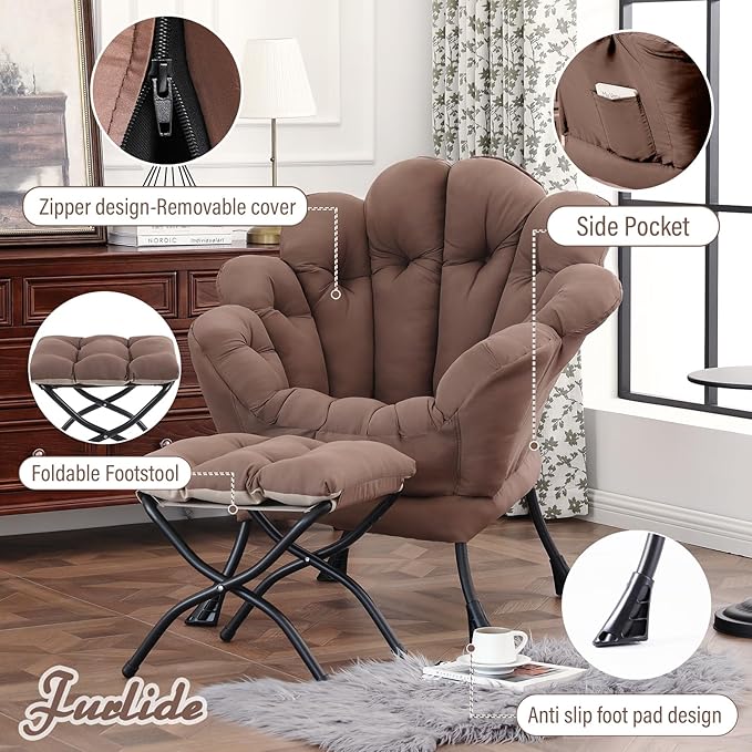 Lazy Chair with Ottoman Modern Floral Reading Chair with Folding Footrest Dark Brown Accent Chairs Comfortable Oversized Armchairs for Bedroom Living Room Courtyard