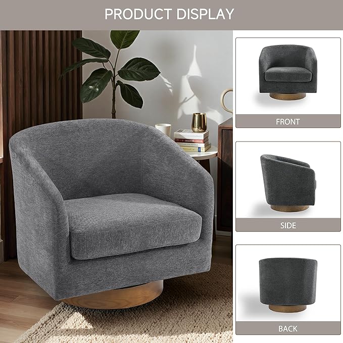Swivel Barrel Chairs Set of 2 31 W Modern Round Swivel Accent Chair for Living Room 360° Rotation Upholstered Chenille Fabric Armchair Club Chair for Bedroom Reading Room Office (Gray)