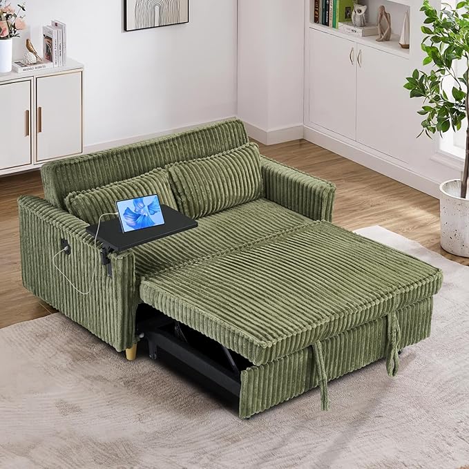 54W Convertible Sleeper Sofa Bed3-In-1 Corduroy Pull Out Couch BedFuton Loveseat Sleeper Couch with Adjustable Backrest &amp USB Ports &amp Side TableRecliner for Living Room/Office/Small Space(