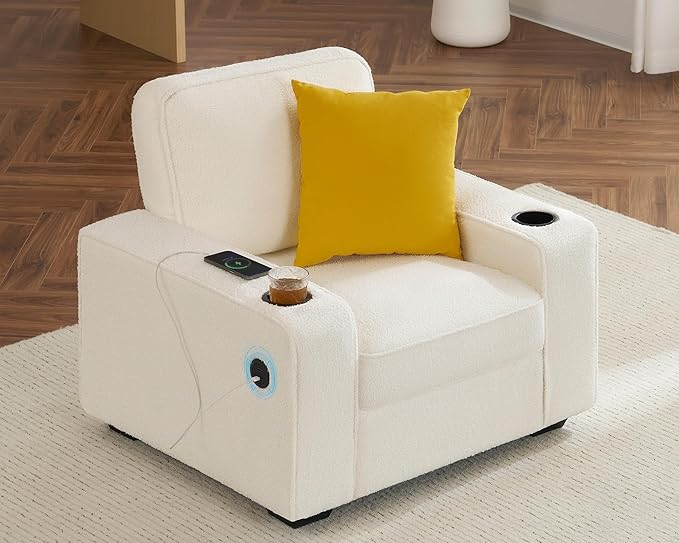AMERLIFE Bouclé Sofa Chair Modern Comfy Couch with Cup Holders &amp USB Charging Ports for Living Room Off-White Upholstered Couch