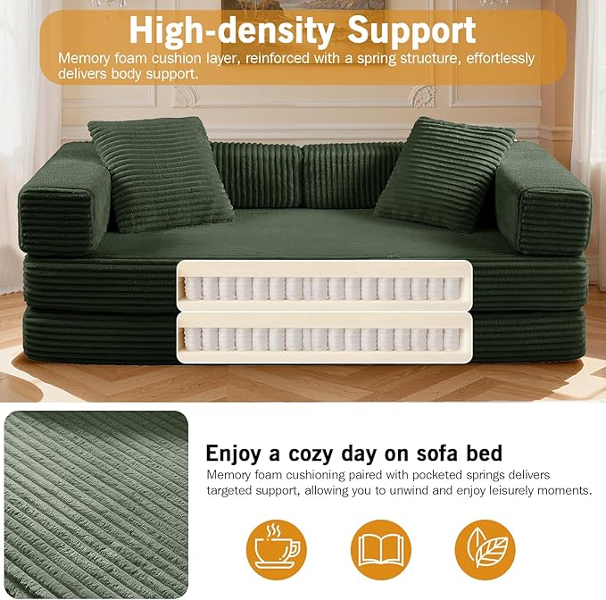 81'' Futon Sofa Bed Folding Floor Couch Bed Corduroy Fabric Boneless Couch Compressed Boneless Sofa in a Box Comfy Sleeper for Living Room-Green