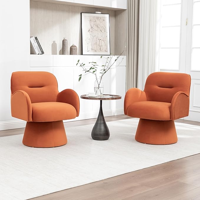 Swivel Chair with Armrest Modern Velvet Barrel Chairs with Curve Back Soft Cushion Comfy Accent Round Armchair Single Sofa for Living Room Bedroom Orange