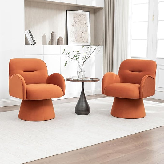 Swivel Chair with Armrest Modern Velvet Barrel Chairs with Curve Back Soft Cushion Comfy Accent Round Armchair Single Sofa for Living Room Bedroom Orange