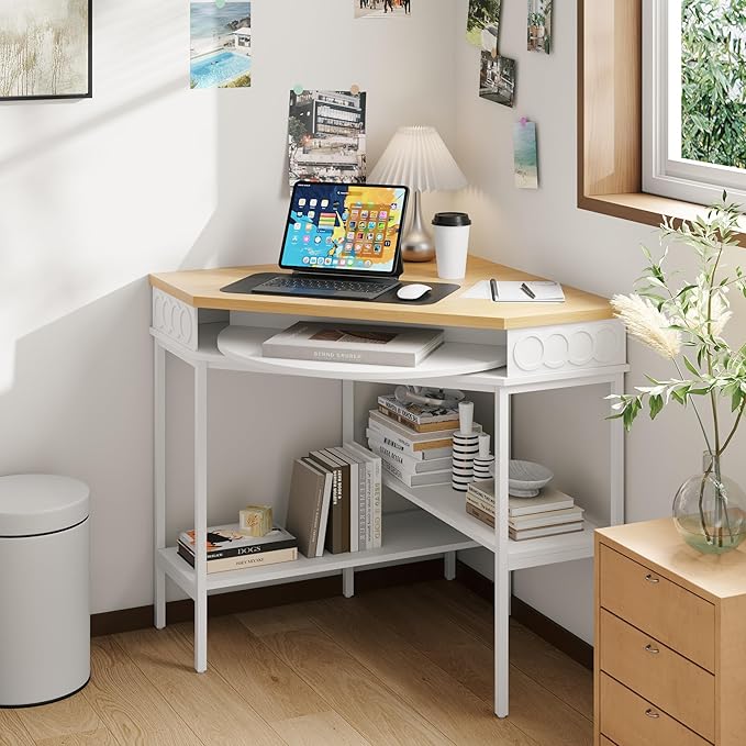 Small Corner Desk with Rotating Drawer &amp Open Shelves Triangle Study Writing Table with Circular Pattern Compact Computer Desk for Home Office White &amp Brown