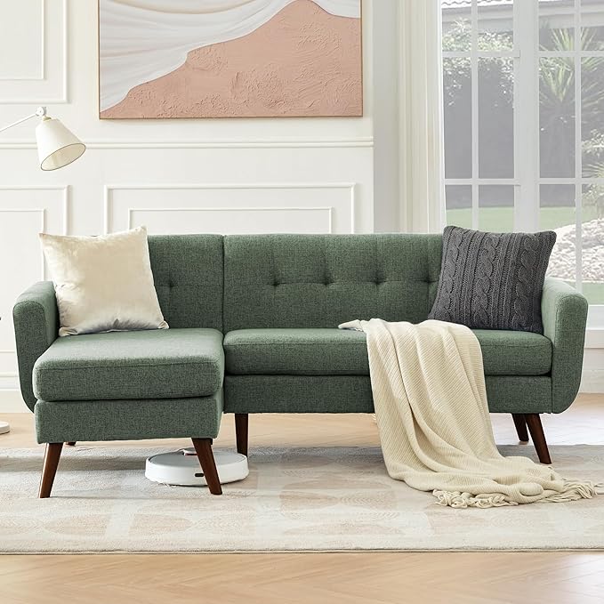 Tbfit L Shaped Couch Sofa 80 W Mid-Century Modern Sectional Couches 3 Seater Sofas with Wide Chaise Lounge Button Tufted Upholstered Sectional Sofa for Living Room Bedroom Green | linen fabric