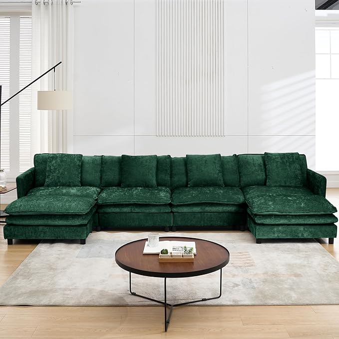 108’’ Modular Sectional Sofa with Sleeper Comfy Cloud Couch L Shaped Chenille Couch with Thick Cushions &amp Movable Ottoman for Living Room Bedroom (Green 143.31- U Shape Sofa)