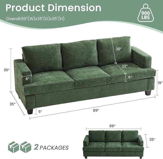 YOUDENOVA Sofa Couch 3 Piece Set Comfy Sofa 2 Loveseat &amp 3 Seater Sofa with Deep Seats for Living Room Modern Sleeper Couch Green Chenille