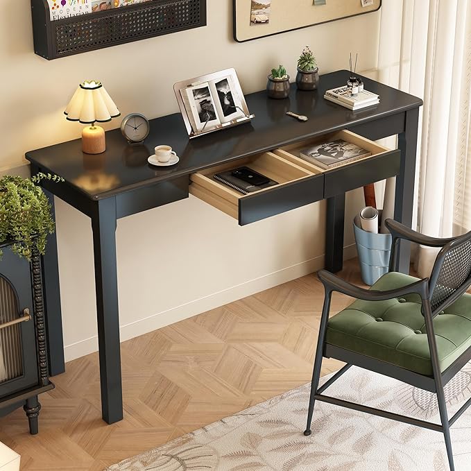 Solid Wood Desk with Drawers - 47 x 16 Inch Modern Narrow Desks Rubber Wood Study Table Small Writing Desk for Small Spaces|Bedroom - Black Desks