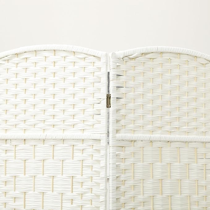 HOMCOM Room Divider 6 Ft 4 Panel Folding Privacy Screen Hand-Woven PP Wall Partition with Pine Wood Frame Freestanding Room Separator for Bedroom Home Office No Assembly White