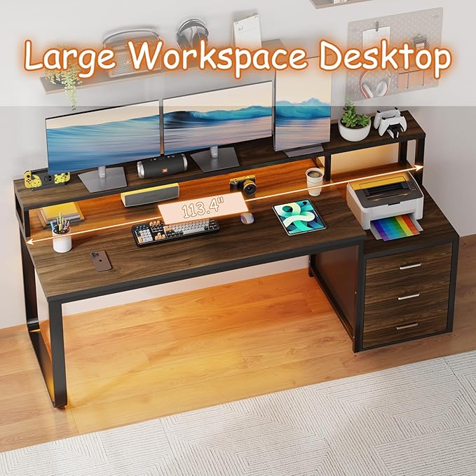 HOMBCK 67 Computer Desk with 3 Drawers Home Office Desk with Long Monitor Stand and Printer Space Office Desk with Storage &amp LED Lights Writing Desk with Drawers Black and Walnut