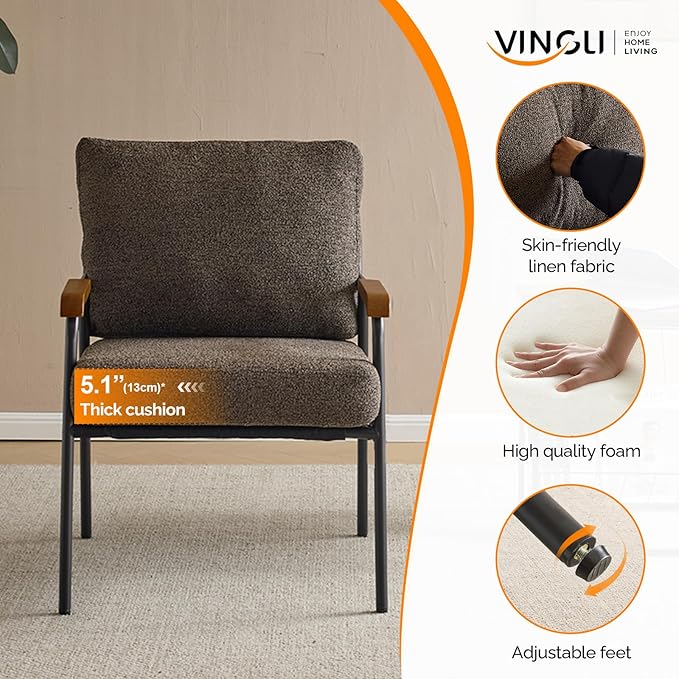 VINGLI Mid-Century Modern Accent Armchiar for Small Space Small Comfy Upholstered Leisure Reading Chair with Wood Armrest for Bedroom Living Room Waiting Room Linen Expresso