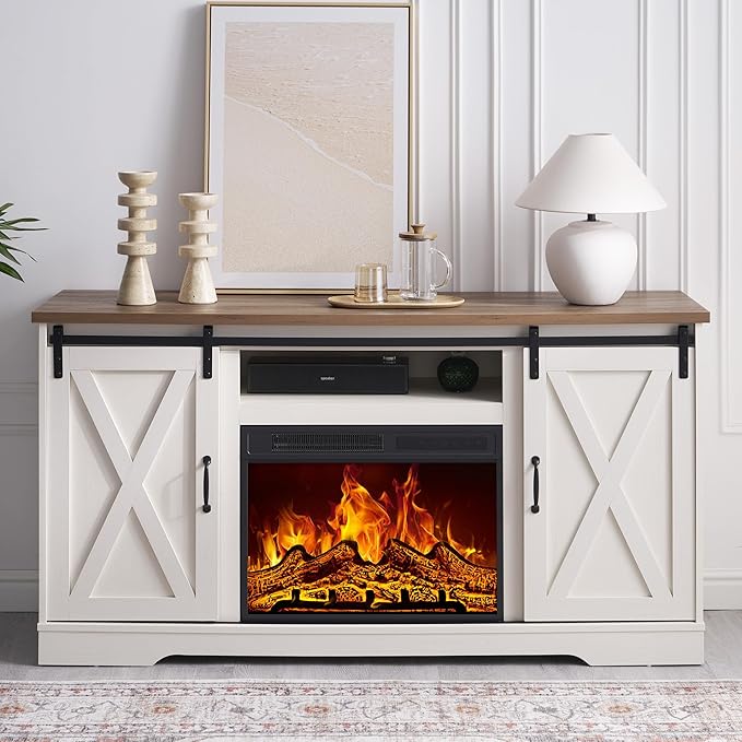 AMERLIFE Fireplace TV Stand with Sliding Barn Door for TVs up to 65 Farmhouse 59 Fireplace Entertainment Center with Storage Cabinets/Adjustable Shelves Distressed White &amp Barnwood