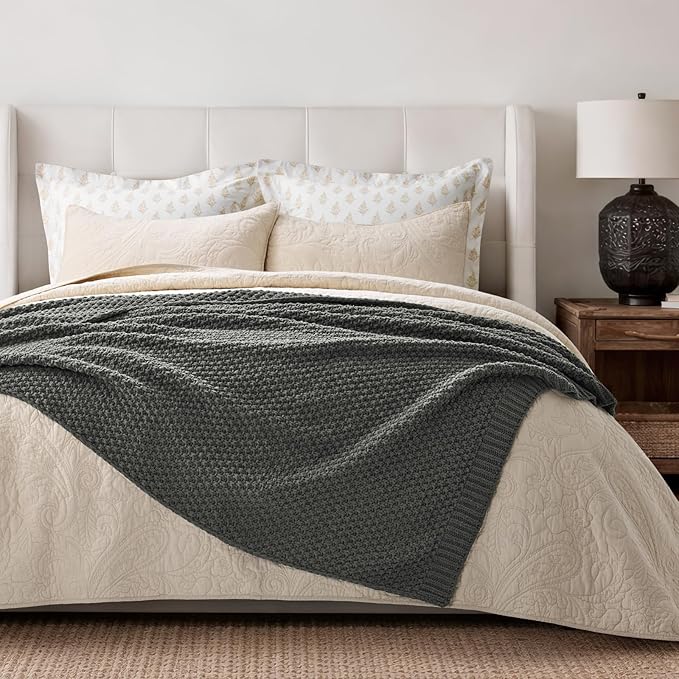 EVERGRACEHOME Chunky Chenille Knit Throw Blanket for Couch Soft Luxurious Moss Stitch Blankets for Bed Cozy Decorative Farmhouse Knitted Throws for Sofa Charcoal Gray 50 x 60