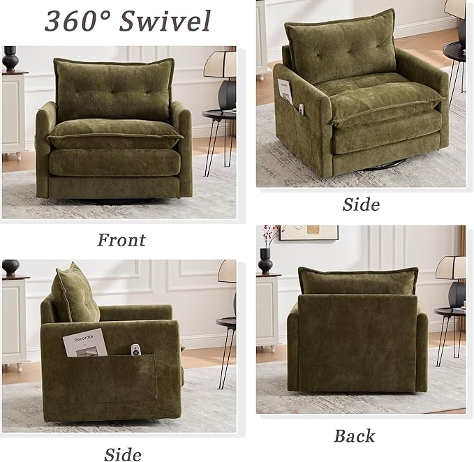 360° Swivel Accent Chair36.22” Swivel ArmchairSquare Accent Barrel Chair with Side Pockets - Upholstered Comfy Single Sofa Chair for Living Room Bedroom Reading Nook (Green)