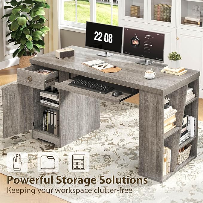 HSH 55 Office Computer Desk with Drawers Farmhouse Grey Executive Desk with Storage Shelves and Cabinet Modern Wooden Computer Table Teacher Desks with Keyboard Tray for Home Writing Work Study