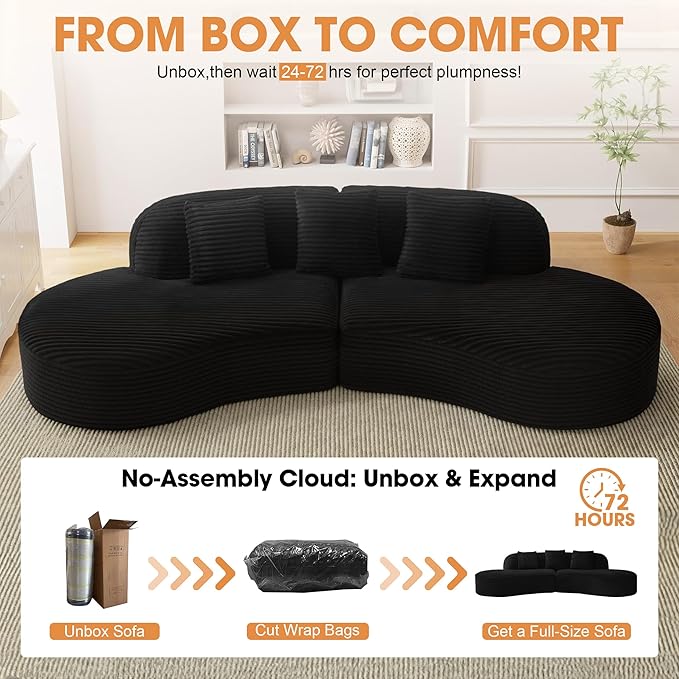 123'' Oversized Curved Sectional Sofa Minimalist Boneless Couches for Living Room with Round Deep Seat 4 Seat Luxury Modern Cloud Couch with Corduroy Fabric No Assembly Black