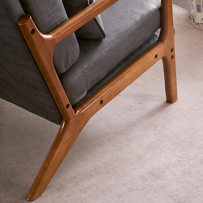 Mid-Century Modern Accent Chair with CushionHigh Back Solid Wood Armrest Chairs Backrest Linen Fabric Indoor Leisure Chair for Living RoomBedroomReadingBalcony (Dark Grey)