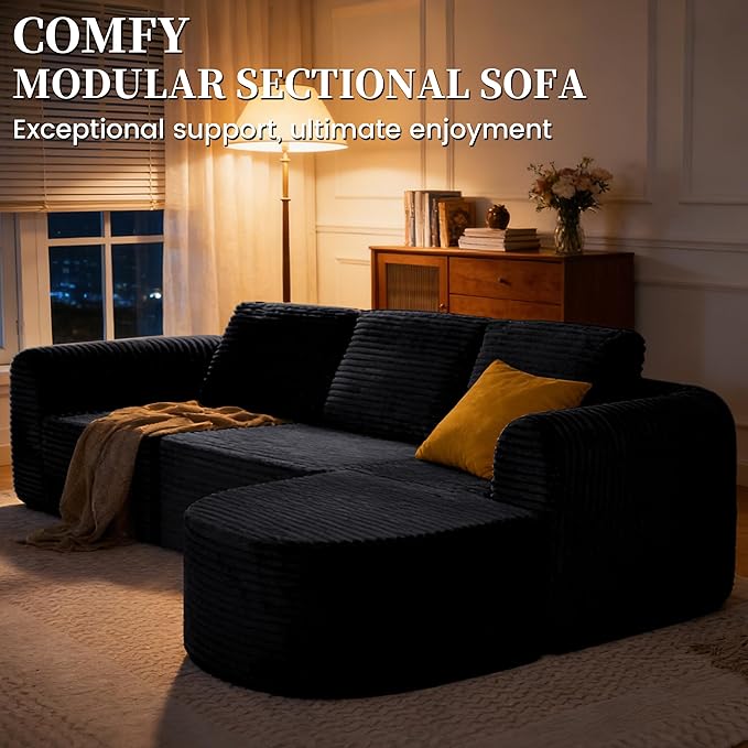 108” Modular Sectional Sofa Boneless Couches for Living Room Deep Seat L-Shape Cloud Couch with ChaiseComfy Sofa Freely Change Configurations No Assembly RequiredSoft Plush Corduroy Fabric(Black)