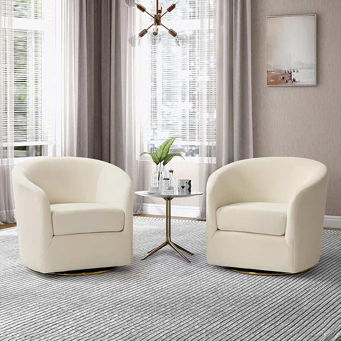 HULALA HOME Swivel Accent Chair with Gold Metal Base Set of 2 Contemporary Velvet Curved Swivel Barrel Chair Upholstered Club Armchair Leisure Single Sofa for Living Room Nursery Bedroom(Ivory)