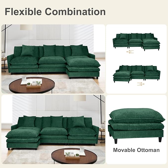 108.27 Modular Convertible Sectional Couch 4 Seat L Shaped Sofa Reversible Chaise Sectional Sofa Deep Seat Cloud Couch Chenille for Home Apartment Dorm