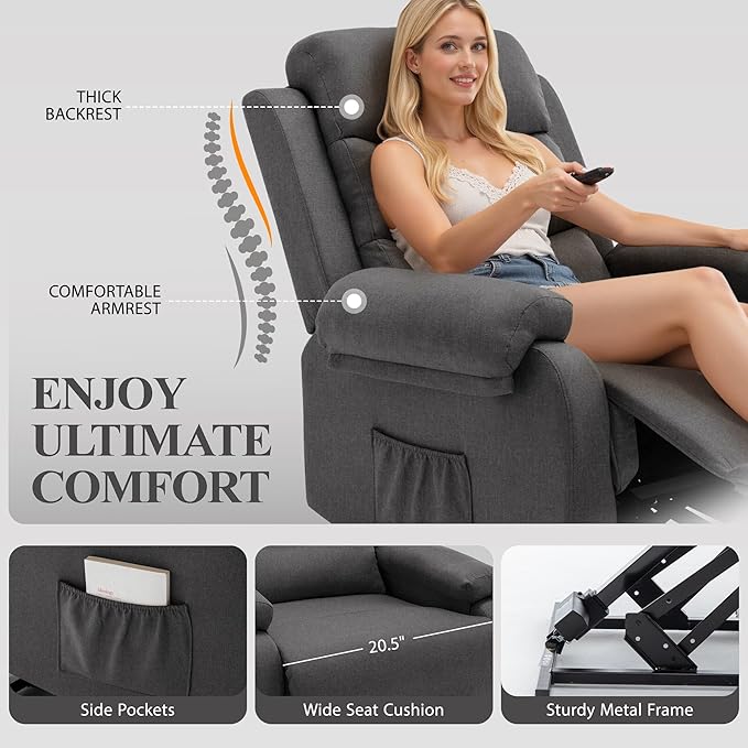 Power Lift Recliner Chair for Elderly Electric Lift Chair for Adults Small Recliner with Side Pockets for Living Room Reading Room Recliner Saves Your Favorite Position Darkgrey
