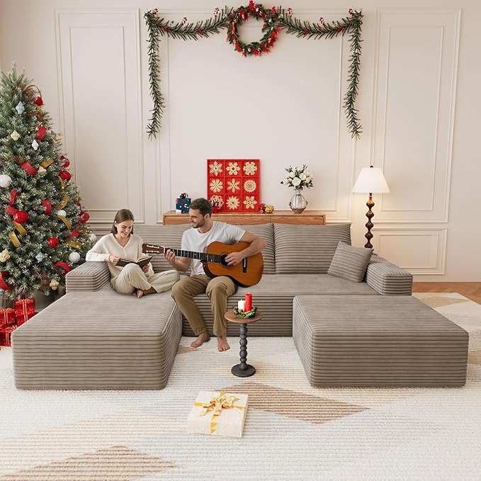107 U Shaped Cloud Sectional Couch with Fluffy Corduroy Deep Memory Foam Seats Sofa with 1 Ottoman for Living Room No Assembly Required(CamelLeft-Facing Chaise)