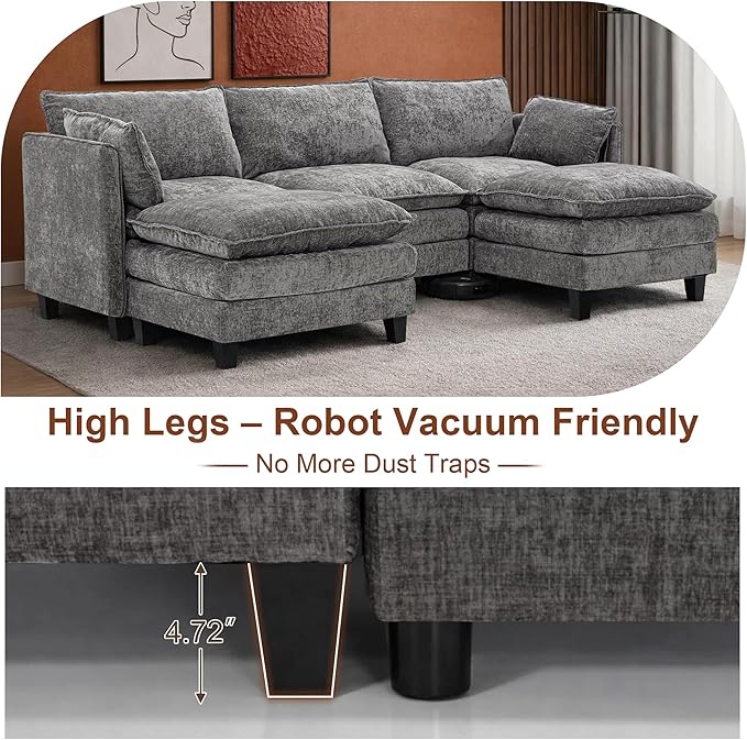 111” Modular Sectional Sofa L Shaped Cloud Couch with Ottoman Chenille Deep Seat Sofa with Pillow for Living Room Bedroom and Apartment4 Seats Light Grey