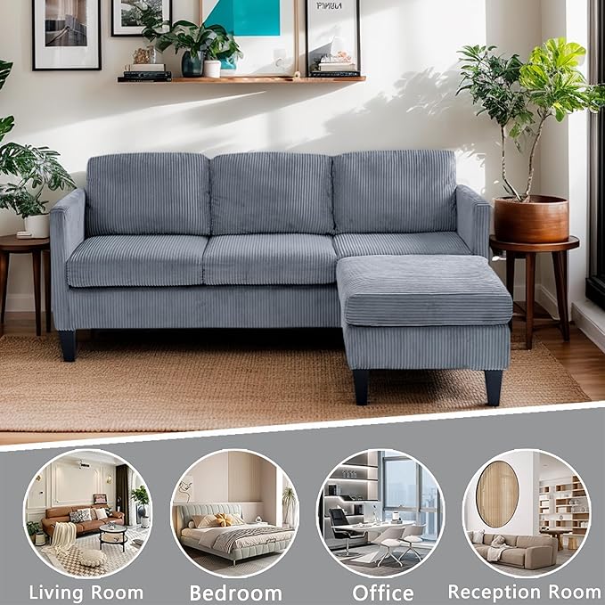 67'' L-Shaped Velvet Modular Sectional Couch Sofa with Ottoman 3-Seat Convertible Cloud Deep Seat Sofa Couches for Living Room Bedroom Apartment Cozy Chaise Lounge Sofas (Gray)