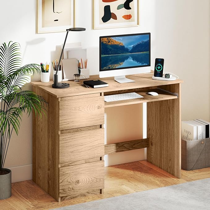 GOFLAME Computer Desk with 3 Drawers &amp Charging Station 42” Home Office Desk with Storage &amp Keyboard Tray Writing Desk PC Workstation Vanity Table (Natural)