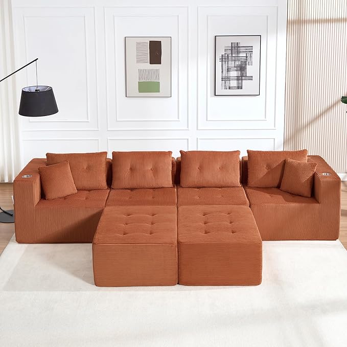128 U Shaped Modular Sectional Sofa Oversized 6-Seater Boneless Tufted Cloud Couch with Cup Holder and Movable Ottoman Corduroy Upholstery Couches for Living Room No Assembly Orange