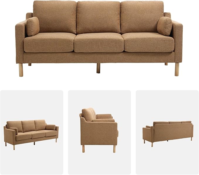 Tbfit 83.5 Linen Couch 3 Seater Mid Century Modern Sofa with Spring Cusions &amp Extra Deep Seat for Bedroom &amp Living Room Comfy Upholstered Couches Easy Assembly with Solid Wood Legs Ginger