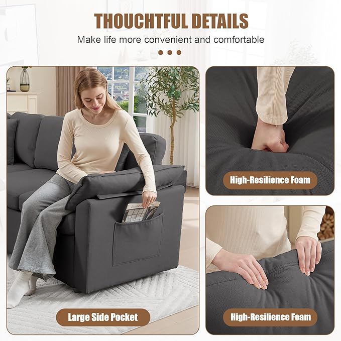 85 Modular Sectional Sofa with Pull Out Bed L Shaped Couch with Storage 5-Seater Sleeper Sofa Sectional Couches for Living Room Cloud Modular Couch with Removable Sofa Cover