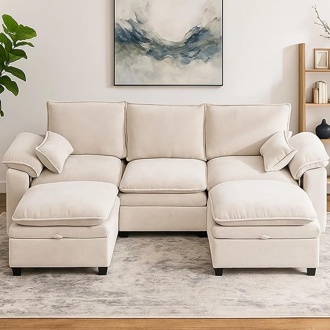 100 L Shaped Modular Sectional Sofa Couch with Ottoman Storage Chenille Cloud Couch with Plush Deep Seating for Living Room Bedroom (Beige 4 Seat)
