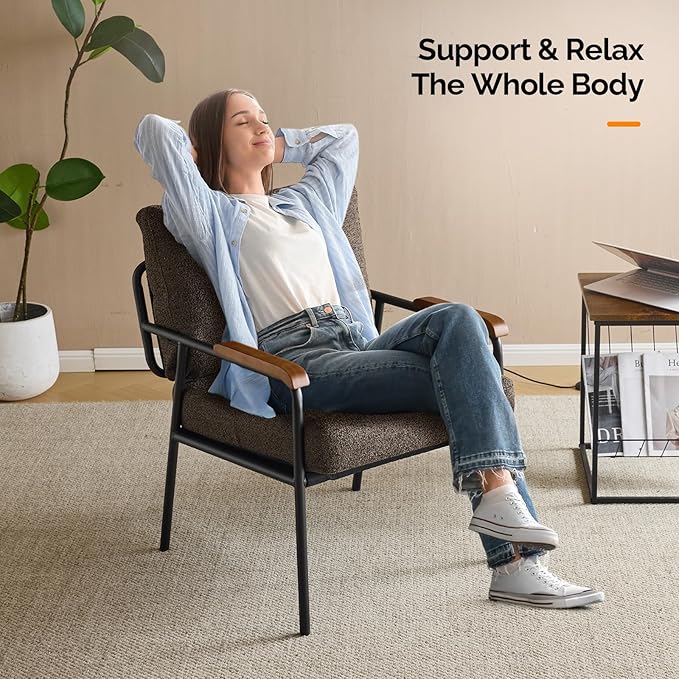 VINGLI Mid-Century Modern Accent Armchiar for Small Space Small Comfy Upholstered Leisure Reading Chair with Wood Armrest for Bedroom Living Room Waiting Room Linen Expresso