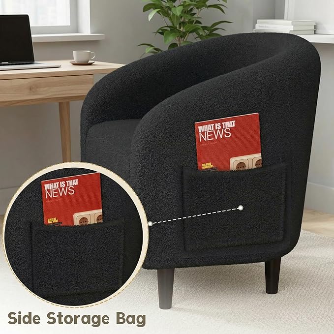 Modern Accent Barrel Chair Comfy Teddy Fabric Club Armchair with Side Pocket Easy Assembly Living Room Corner Chair for Bedroom Office Reception Space