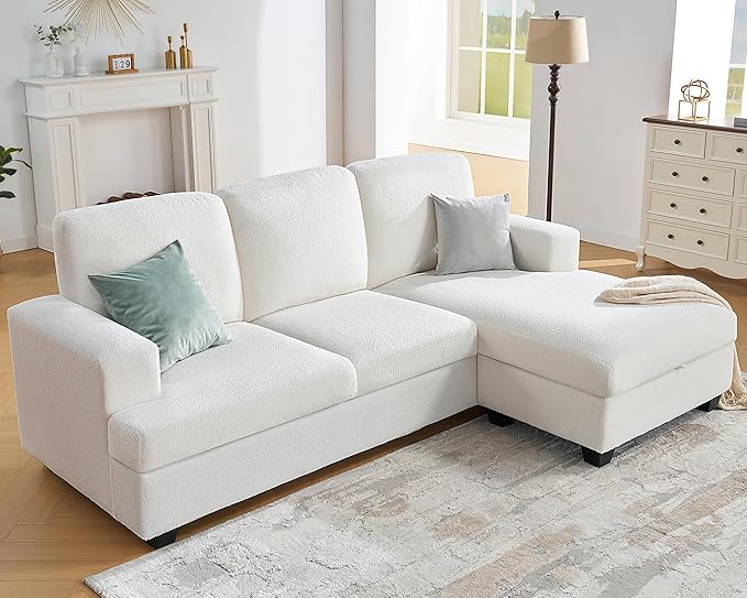 VanAcc 89 Inch L Shape Couch Convertible Sofa with Storage Reversible L Shape Sofa with Chaise Comfy Couches for Living Room Offwhite Bouclé